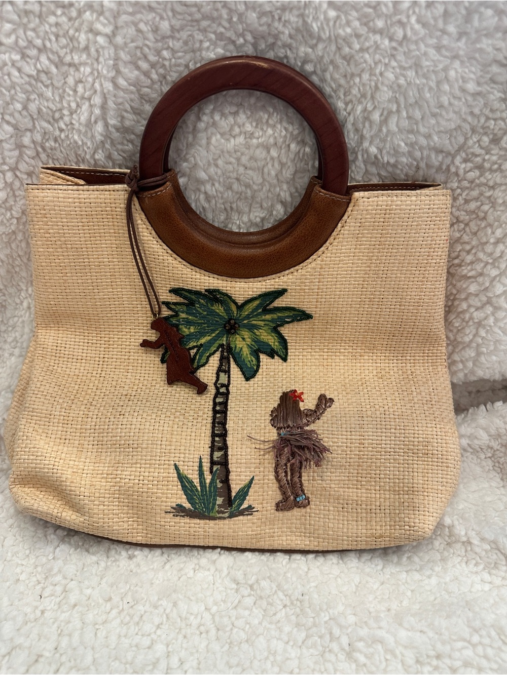 Handwoven Straw Tote with Brown Leather Handles and Tropical Embroidery
